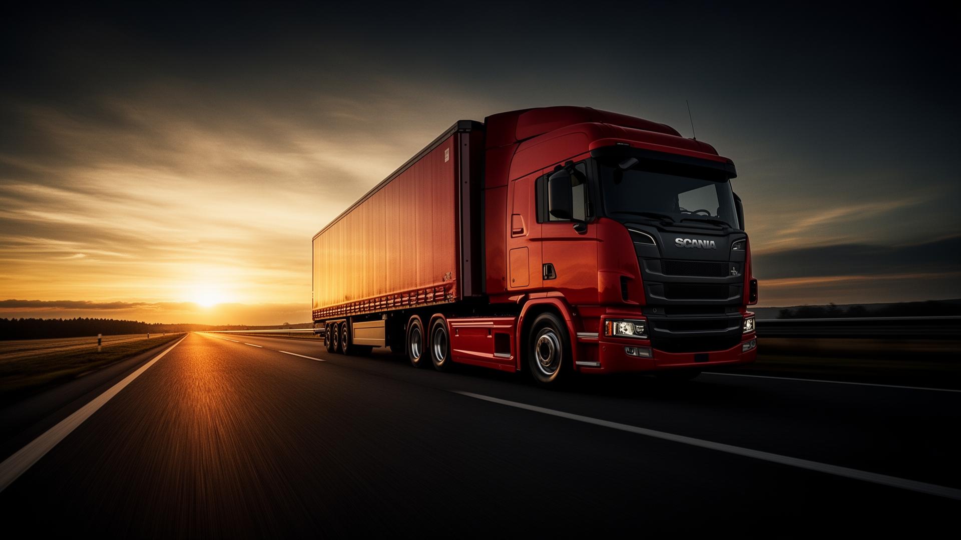 Red semi-truck on highway at golden hour